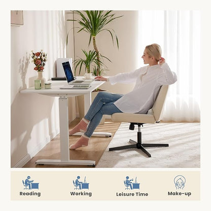 DUMOS Criss Cross Chair No Wheels, Wide Seat Cross Legged Office Desk Vanity Chair, Faux Leather Armless Height Adjustable Swivel Task Computer Chairs for Home, Study, Beige PU