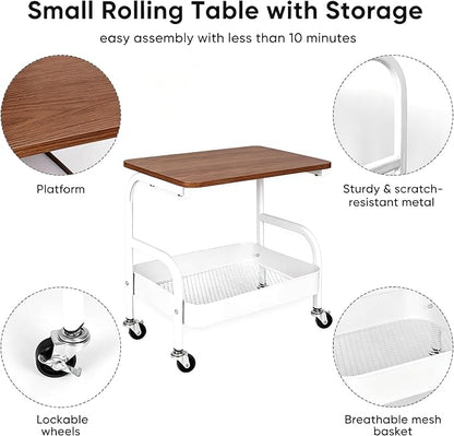 Under Desk Printer Stand with Storage 2 Tier Rolling Printer Cart with Wheels, Mobile Short Under Shelf Storage Small RollingTable Cart for Home and Office, White