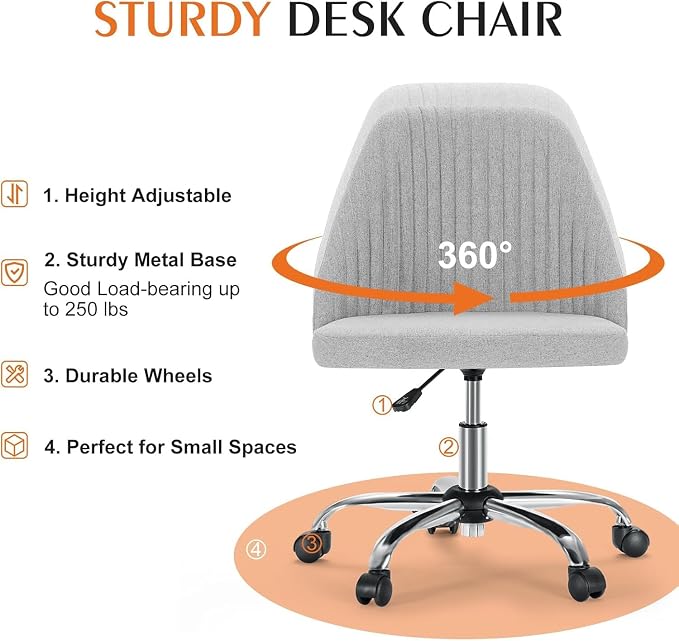 Simple Deluxe Armless Office Desk Chair, Modern Cute Swivel Vanity Chair Comfy Home Office Chairs with Wheels Height Adjustable Rolling Computer Task Stools for Living Room, Make-up, Bedroom, Grey