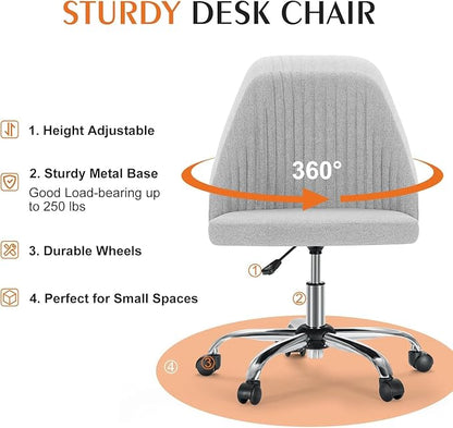 Simple Deluxe Armless Office Desk Chair, Modern Cute Swivel Vanity Chair Comfy Home Office Chairs with Wheels Height Adjustable Rolling Computer Task Stools for Living Room, Make-up, Bedroom, Grey