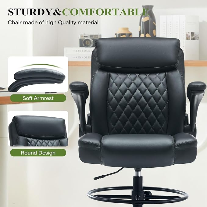 Drafting Chair Tall Office Chair for Standing Desk, Ergonomic Tall Desk Chair with Adjustable Foot Ring, Flip-Up Armrests, Lumbar Support, Comfortable Leather Seat – Ideal for Home and Office Use