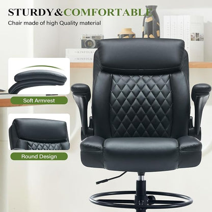 Drafting Chair Tall Office Chair for Standing Desk, Ergonomic Tall Desk Chair with Adjustable Foot Ring, Flip-Up Armrests, Lumbar Support, Comfortable Leather Seat – Ideal for Home and Office Use