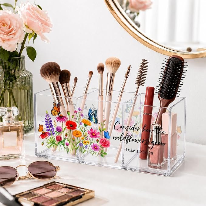 3 Compartments Funny Floral Acrylic Desk Organizer, Pen Holder & Makeup Organizer for Women, Colorful Wildflower Office Gifts for Coworker, Aesthetic Desk Decor for Women Vanity Office School
