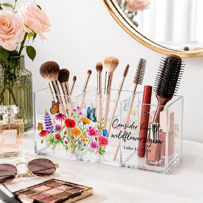 3 Compartments Funny Floral Acrylic Desk Organizer, Pen Holder & Makeup Organizer for Women, Colorful Wildflower Office Gifts for Coworker, Aesthetic Desk Decor for Women Vanity Office School