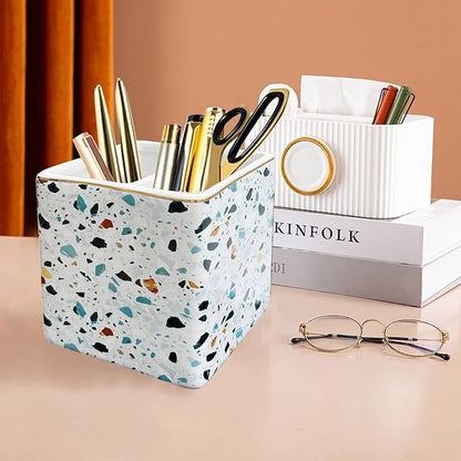 Pen Holder for Desk,Ceramic 2 Compartments Gold Terrazzo Marble Pencil Holder for Women Desk Organizer Storage Desktop Accessory Office School Home Pen Cup Blue