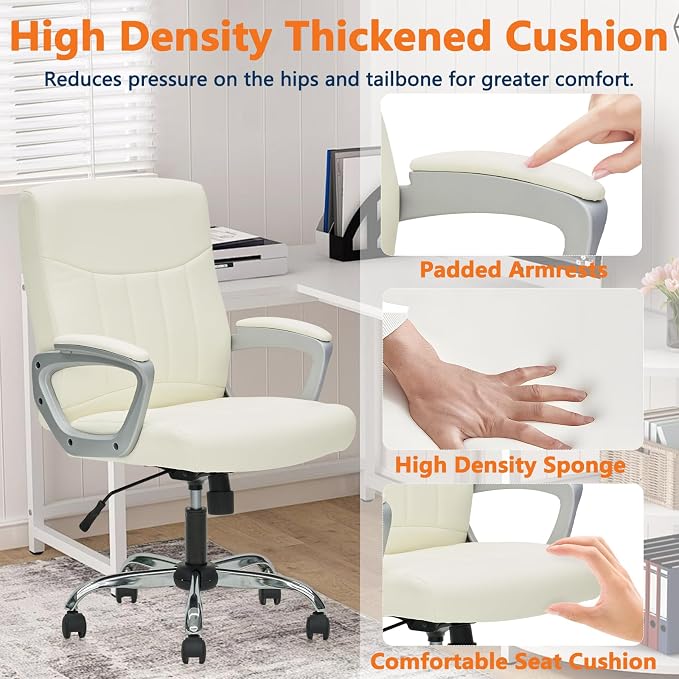 CLATINA Leather Office Executive Chair with Lumbar Support and Padded Armrestes, Swivel Rolling Ergonomic Mid Back Computer Task Desk Chair for Home, Conference, Waiting Room, White