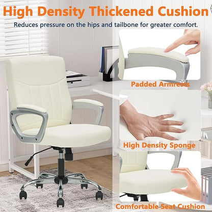 CLATINA Leather Office Executive Chair with Lumbar Support and Padded Armrestes, Swivel Rolling Ergonomic Mid Back Computer Task Desk Chair for Home, Conference, Waiting Room, White