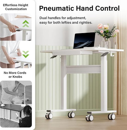 Standing Desk for Walking Pad with Wheels, Pneumatic Cordless Height Adjustable Rolling Desk, Mobile Computer Workstation with Drawer Hook Locking Casters for Treadmill & Home Office, White