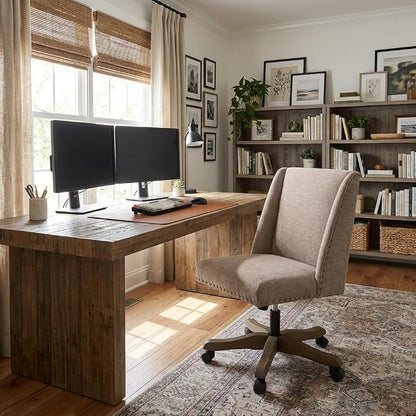 Zihanhome Upholstered Armless Office Chair with Wooden Legs, Modern Adjustable Home Office Desk Chair Computer Chair Swivel Chair for Home Office Study Studio (Brown)