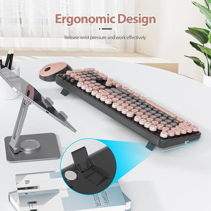 Wireless Keyboard and Mouse Set, Retro Typewriter, 2.4GHz Full Size 104-Key Cute Keyboard with Number Pad, Colorful Keyboard with Round Keycaps for Windows PC Laptop(Raspberry)