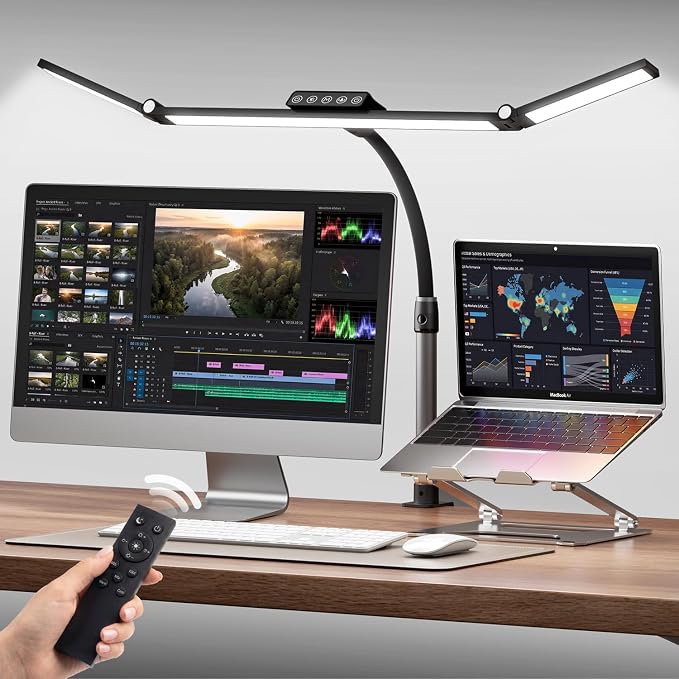 LED Desk Lamps for Home Office, Desk Light with Remote & Touch Control, Stepless Dimming,5CCT,Motion Sensor Auto On/Off, Eye-Caring Desk Lamp with Clamp for Study, Reading,Dual Monitors,Black
