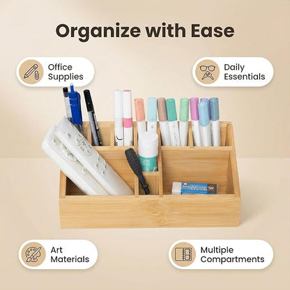 Bamboo Art Supply Organizer, Pen Holder Wooden Desktop Storage for Artists, Office Supplies, Makeup Brushes,Minimalist Desk Accessory for Home Studio, Classroom or Vanity