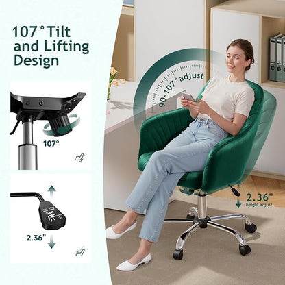 Warmiehomy Desk Chair, Velvet Office Chair, Comfy Reading Chair for Home Office, Women Luxe Computer Vanity Chair for Bedroom, Emerald Green
