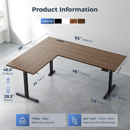Klicelor L Shaped Standing Desk 63 x 55 Inch,Electric Height Adjustable Corner Desk with Cable Management & Power Outlets, Ergonomic Sit Stand Up Computer Table for Home Office,Dark Walnut
