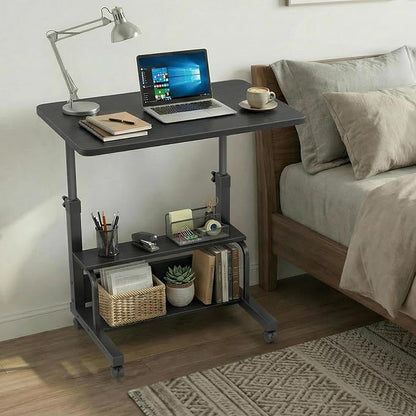 WINAZ Small Portable Rolling Kids Desk - 32" Mobile Laptop Desk with Wheels for Small Spaces, Height Adjustable C Shaped Side Table with 2-Tier Storage Shelves, Black