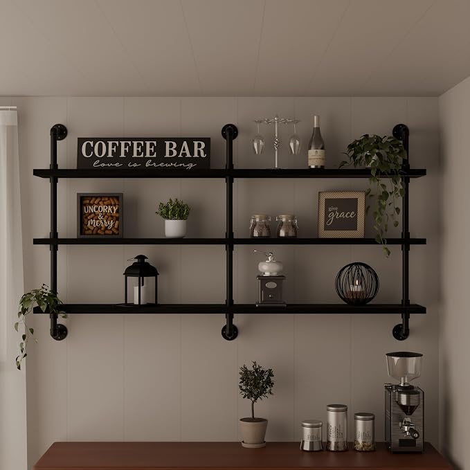 HDDFER Industrial Pipe Shelving Rustic Black Pipe Wall Shelves Industrial Shelves with Wood Planks Floating Shelves 60 Inch Farmhouse Bathroom,Kitchen Shelving Wall Mounted
