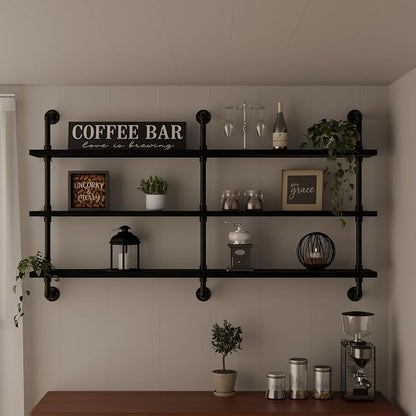HDDFER Industrial Pipe Shelving Rustic Black Pipe Wall Shelves Industrial Shelves with Wood Planks Floating Shelves 60 Inch Farmhouse Bathroom,Kitchen Shelving Wall Mounted