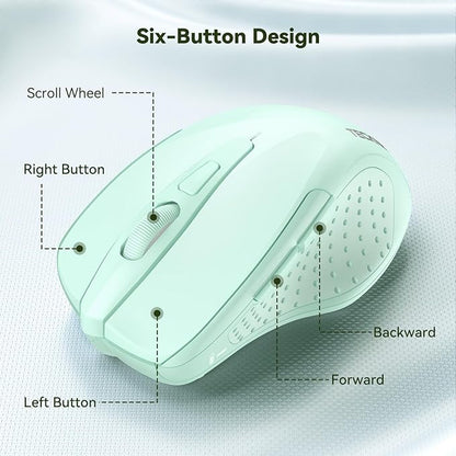 TECKNET Wireless Mouse, 2.4G Ergonomic Optical Mouse, Computer Mouse for Laptop, PC, Computer, Chromebook, Notebook, 6 Buttons, 24 Months Battery Life, 2600 DPI, 5 Adjustment Levels - Green
