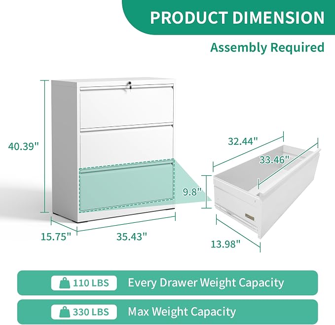 IKIMI 3 Drawer Lateral File Cabinets with Lock,White Metal Lateral Filing Cabinet for Home Office,Wide Steel Storage Cabinet Commercial Drawer Cabinet for Legal/Letter/A4 Size Files
