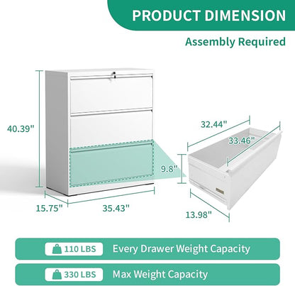 IKIMI 3 Drawer Lateral File Cabinets with Lock,White Metal Lateral Filing Cabinet for Home Office,Wide Steel Storage Cabinet Commercial Drawer Cabinet for Legal/Letter/A4 Size Files