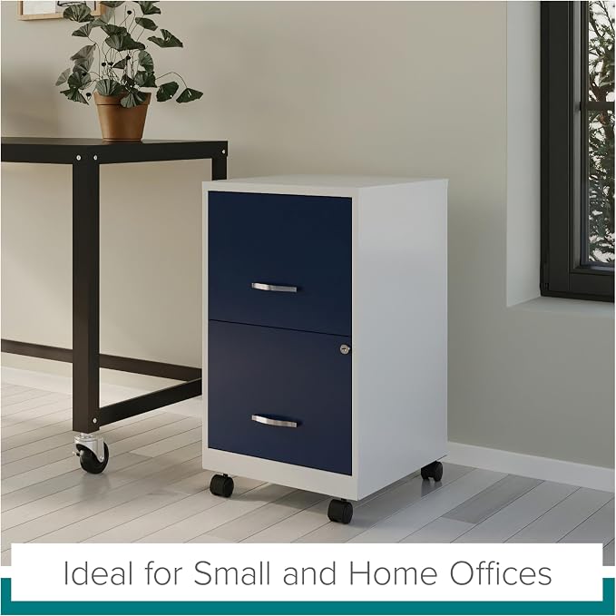 Space Solutions - 2 Drawer Fully Assembled Vertical Steel File Cabinet, Home & Small Office Use, Fits Under Most Desks, Letter-Size, Lock, Mobile, Pearl White/Navy