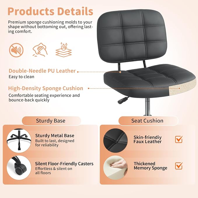 Armless Home Office Desk Chair - Small Swivel Office Desk Chairs with Rolling Wheels - Height Adjustable PU Leather Computer Chair with Comfy Low Back - For Small Space, Bedroom, Home, Vanity - Black