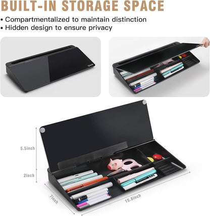 SELEAD Desktop Glass Whiteboard with Organizer, Markers, Eraser - Dry Erase Board Computer Pad Keyboard Stand with Drawer and Holder for Home, School, Office - Black