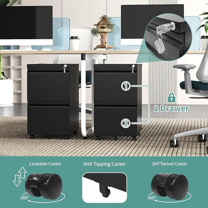 Guizeeopo 2 Drawer Locking File Cabinet, Fully Assembled Heavy-Duty Metal Filing Cabinets for Home Office, Quiet Slides, Anti-Tipping Wheels, Fits A4/Letter/Legal, Matte Black