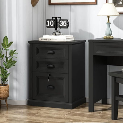 Halitaa Vertical File Cabinet, Filing Cabinet with 3 File Drawers & Lock, Farmhouse Small File Cabinet Fits Letter/A4 Size, Wooden Printer Stand, Home Office Cabinet, Black