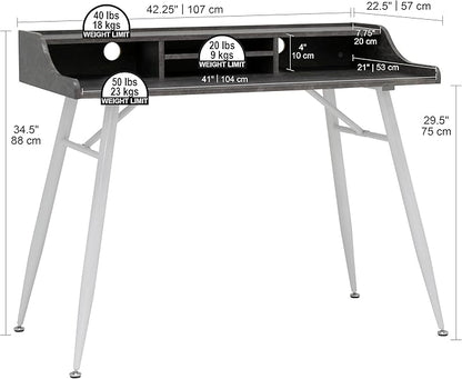 Calico Designs Woodford 45” Wide Modern, Secretary, Writing, Desk with Low Storage Hutch and Whtie Metal Tapered Legs in Marbled Dark Grey, White