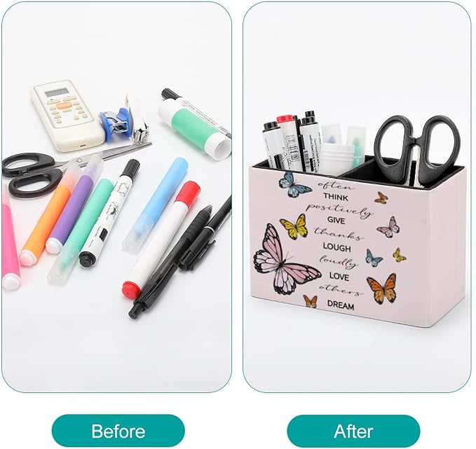 Niapessel Pencil Holder for Desk, Positive Quote Butterflies Pen Holder Storage Desktop Pen Organizer Desk Pencil Organizer Makeup Brush Holder for Office School College Leather