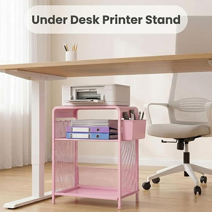 ECOLOVI 3 Tier Printer Stand for Under Desk, Height Adjustable Shelf Small Printer Table with 3 S-Hooks & Basket, Heavy Duty Industrial Storage Shelf for Home Office (Pink Metal)