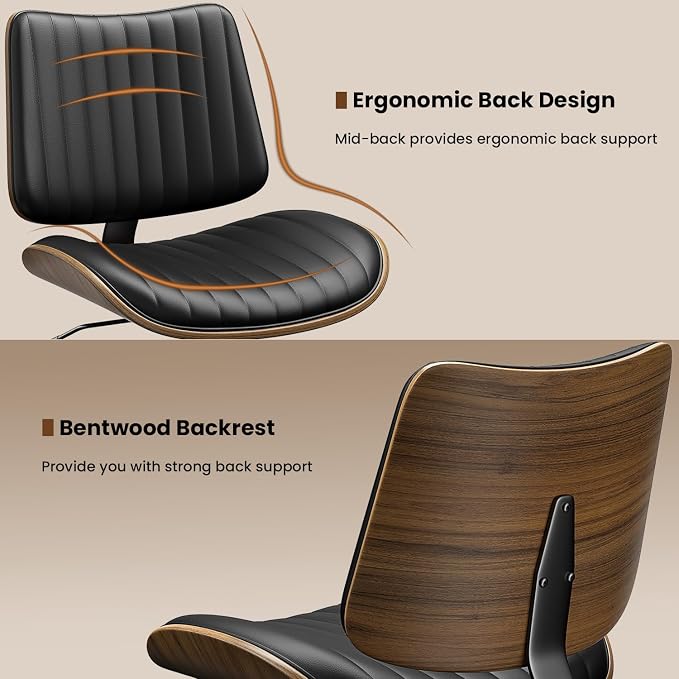 YaFiti Armless Office Chair, Mid Century Modern Desk Chair with Walnut Wood Back & SGS Level 3 Gas Lift, Swivel PU Leather Computer Chair for Small Space, Home Office, Bedroom, 300lbs Cap, Black