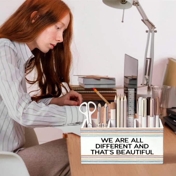 Classroom Pen Pencil Holder for Desk, Inspirational We Are All Different and That's Beautiful Wooden Box Sign Decorations for Kids Room Bedroom Playroom Classroom Desk Tabletop