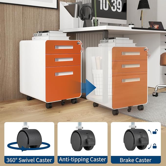 Garvee 3 Drawer File Cabinet with Lock, Under Desk Metal Mobile Filing Cabinet for Home Office, 5 Wheels Anti-Tipping Rolling File Cabinets for A4/Letter/Legal Size, Fully Assembled, Orange