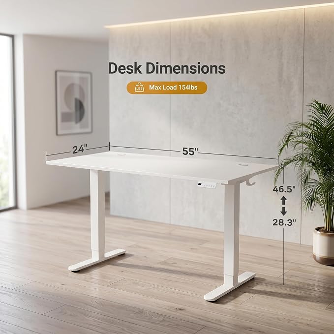 Claiks Electric Standing Desk, 55 x 24 Inch Height Adjustable Sit Stand Desk for Home Office, Computer Desk with Memory Presets, Cable Management & Headphone Hooks, 156 lbs Capacity, White