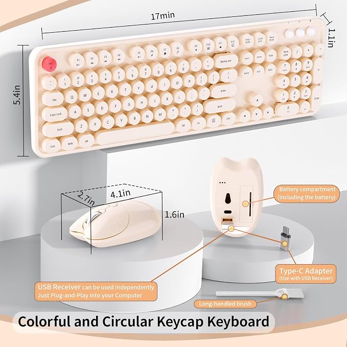Wireless Keyboard and Mouse, MOFII 104 Round Keycaps Retro Typewriter with OTG & Brush, Full-Size Ergonomic, Ideal for Windows PC, Home, Office and College Brown