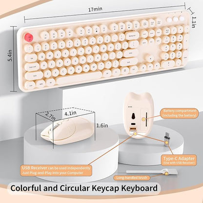 Wireless Keyboard and Mouse, MOFII 104 Round Keycaps Retro Typewriter with OTG & Brush, Full-Size Ergonomic, Ideal for Windows PC, Home, Office and College Brown