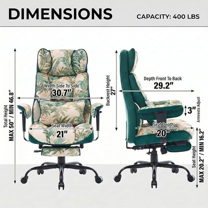 Efomao Watercolor Fabric Executive Office Chair Home Foot Rest, Green | Soft Breathable Computer Desk Seat, Plush Comfy Cushion, Aesthetic Pastel Floral Patterns for Studio Vanity Cozy Setup