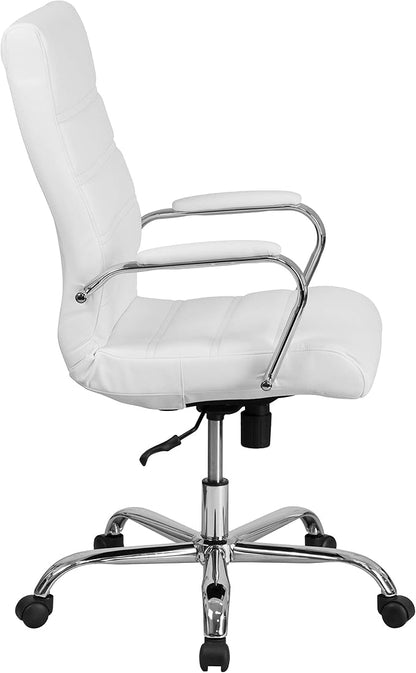 EMMA + OLIVER Faux Leather High-Back Swivel Home Office Desk Chair with Wheels, Padded Seat, and Armrests, Adjustable Height Multipurpose Office Chair, White/Chrome