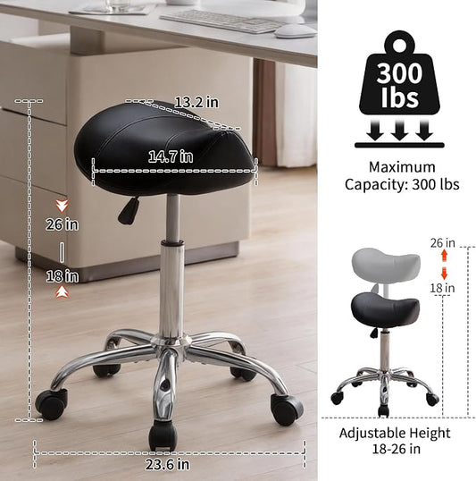 FIRAVOE Saddle Stool, Swivel Saddle Stools with Wheels, Adjustable Rolling Stool 18"-26", Faux Leather Rolling Saddle Stool for Salon, Massage, Clinic, Lab, Office (Black, 1PCS (18"-26"))