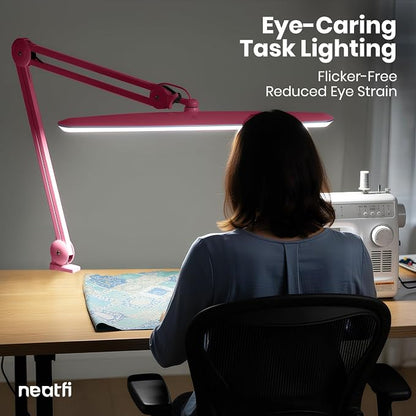 Neatfi XL 2,200 Lumens 24W LED Desk Lamp – 23” Wide Shade | Dimmable Eye-Caring Task Light | Adjustable Arm | Home Office, Study, Crafts & Nail Tech (Pink, Non-CCT with Clamp)