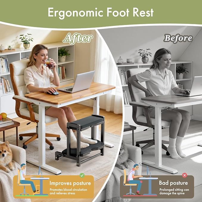 Double Step Foot Rest Under Desk, Adjustable Wooden Desk Foot Rest with 4 Heights, Ergonomic Foot Stool with Cushion for Office, Gaming & Study (Black)