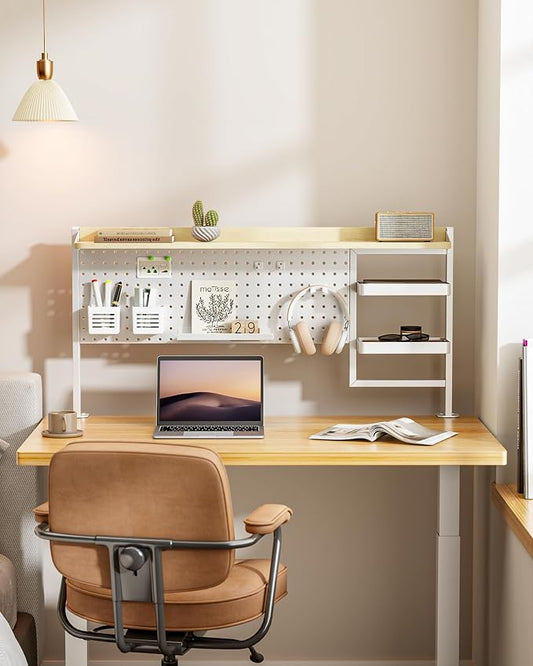 PEGZONE Clamp on Desk Shelf, 44" Desktop Shelving System, White | with Pegboard and Accessories, Desktop Organizer with 2-Tier Shelf, Desk Pegboard for Gaming Office