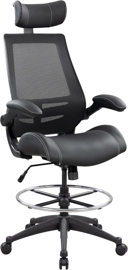 BOLISS Tall Ergonomic Office Chair, Sustainable Tech-Leather Drafting Chair with Adjustable Foot Ring, 90° Flip-Up Arms Space Saving Mesh Computer Desk Chair for Standing Desk Executive Work 8+ Hours