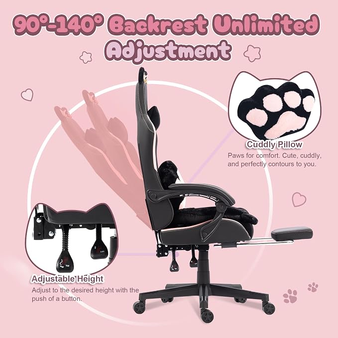 Dowinx Pink Gaming Chair with Cat Ears and Massage Lumbar Support, Ergonomic Computer Chair with Footrest and Headrest, Comfortable Reclining Game Chair 292lbs for Adults, Black