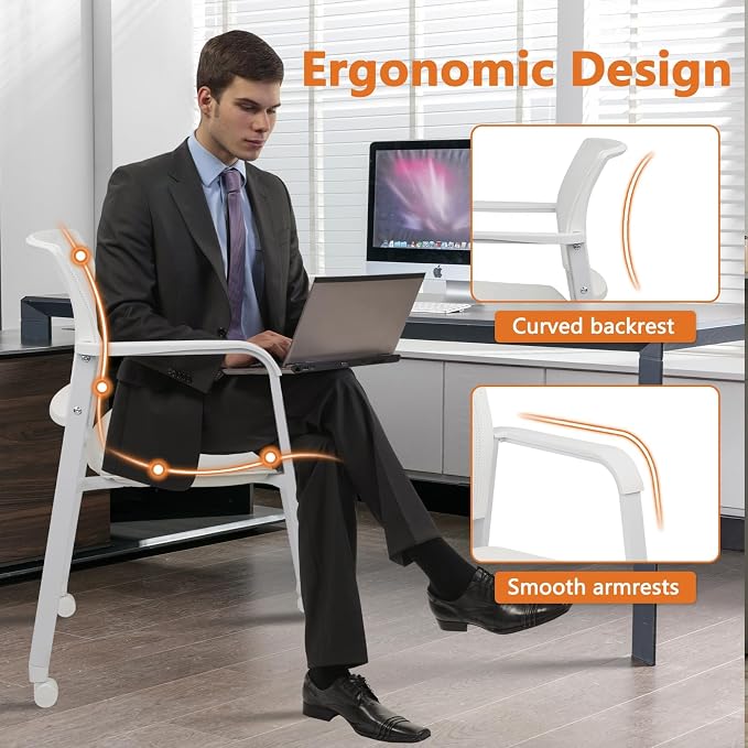 CLATINA Stacking Office Chairs with Wheels | Mesh Back, Thicken Leather Seat and Streamline Armrests, Ergonomic Lumber Support | School, Desk, Guest Reception, Waiting, Conference, White