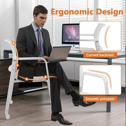 CLATINA Mesh Back Guest Reception Stacking Chair with Wheels, Waiting Room Stackable Chairs with Upholstered Leather Seat & Ergonomic Lumbar Support for Office Conference School Lobby, White, 8 Pack