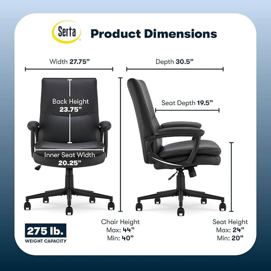 Serta Comfort Modern Executive Office Chair, Ergonomic Mid-Back Computer DeskChair, Semi Plush Cushion Seat, Double-Layer SertaQuality Foam, Padded Armrests, Metal Swivel Base, Bonded Leather, Black