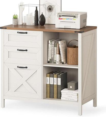 Halitaa 3 Drawer File Cabinet, Farmhouse Lateral Filing Cabinet Fits Files Letter or A4 Size, Wooden Printer Stand with Open Storage Adjustable Shelf for Home Office, White and Brown
